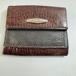 Brighton Brown Croc Embossed Leather Bifold Wallet Braided Trim Silver Hardware
